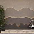 Garden Landscape Ornaments Design With Mountain Shaped Wall Bamboo Plants And Decorative Fountain