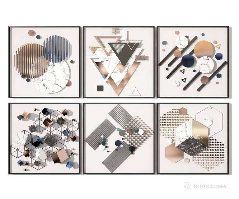 Modern Geometric Abstract Wall Art With Circles Triangles Hexagons And Marble Texture 3d model