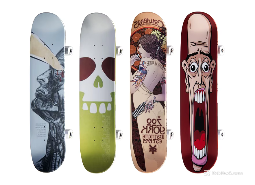Diverse Skateboards Sports Equipment With Various Artistic Graphic Designs And Creative Prints 3d model 