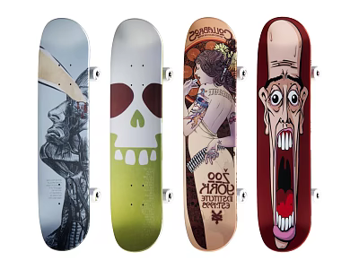Diverse Skateboards Sports Equipment With Various Artistic Graphic Designs And Creative Prints 3d model