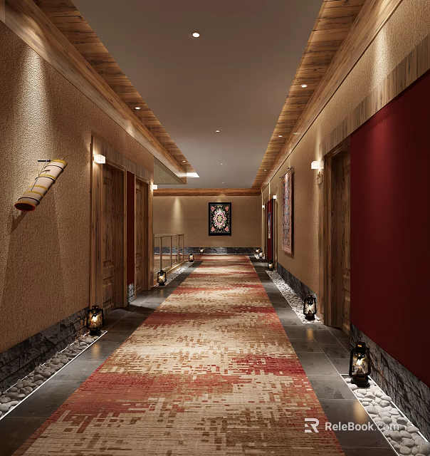 Hotel Corridor Interior With Patterned Carpet Wall Sconces And Lanterns 3d model