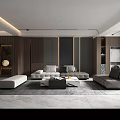 Modern Living Room Interior With Wooden Walls Gray Sofas And Marble Elements 3d model