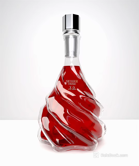 Red Liquid Cognac Wine Bottle With Twisted Design And Glass On White Background 3d model 