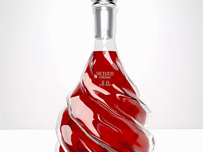 Red Liquid Cognac Wine Bottle With Twisted Design And Glass On White Background 3d model
