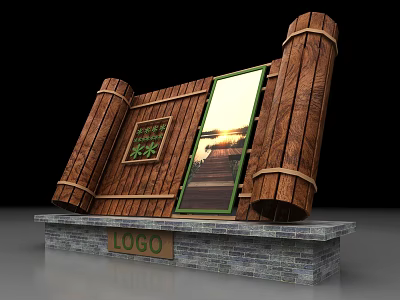 Wooden Scroll Shaped Display Structure With Green Accents And Brick Base Logo 3d model