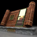 Wooden Scroll Shaped Display Structure With Green Accents And Brick Base Logo 3d model