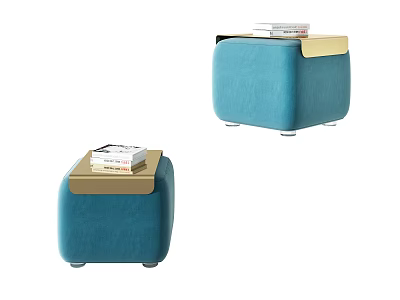 Modern Teal Sofa Stool With Golden Top Panel Stacked Books And Sturdy Legs 3d model