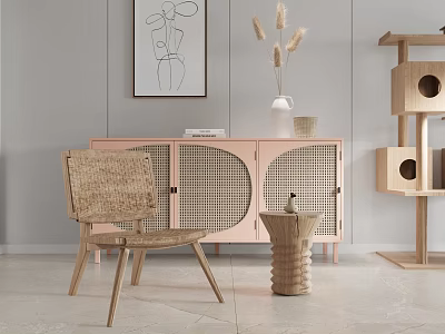 Woven Accent Chair in Modern Interior With Pink Cabinet Dried Flowers And Wooden Cat Tree 3d model