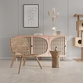 Woven Accent Chair in Modern Interior With Pink Cabinet Dried Flowers And Wooden Cat Tree
