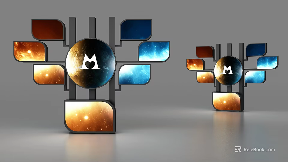 Modern Wall Decor with Circular Center Logo and Colorful Geometric Panels 3d model 