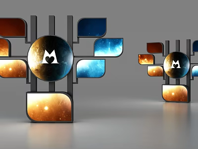 Modern Wall Decor with Circular Center Logo and Colorful Geometric Panels 3d model