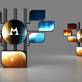 Modern Wall Decor with Circular Center Logo and Colorful Geometric Panels