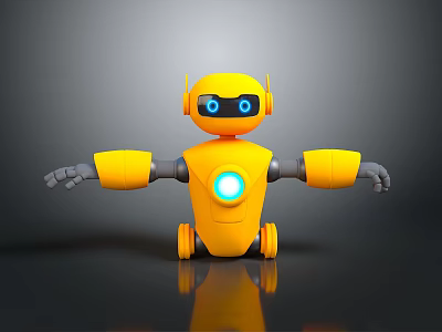 Yellow Robot Figure With Blue Eyes And Glowing Chest Circle On Gray Background 3d model
