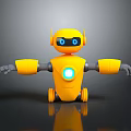 Yellow Robot Figure With Blue Eyes And Glowing Chest Circle On Gray Background