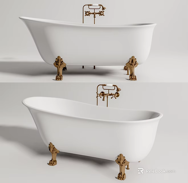 Elegant White Bathtub With Gold Decorative Feet And Faucet For Modern Bathroom 3d model 