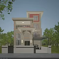 Two Story Detached Villa With Balcony Arched Porch Decorative Columns And Evening Lighting