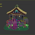 Small House Scene With Blue Roof Eave Figure Green Decorations Glowing Plants Stones And Lanterns