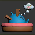 Blue Cartoon Game Character Resting on Pink Donut Float With Cloud Bubble and Bottles
