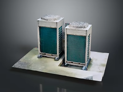 Two Air Conditioning Outdoor Units With Green Panels And Top Cooling Grilles On Platform 3d model