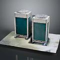 Two Air Conditioning Outdoor Units With Green Panels And Top Cooling Grilles On Platform