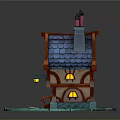 Cartoon Style Cottage With Blue Roof Orange Walls Chimneys And Yellow Window Lights