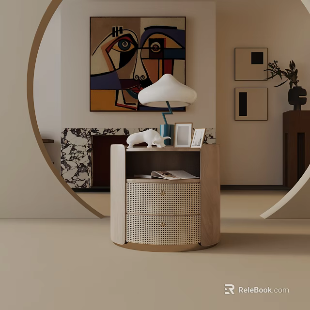 Modern Wooden Side Table With Woven Drawer Table Lamp Photo Frame Sofa And Wall Art 3d model 