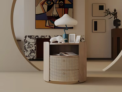 Modern Wooden Side Table With Woven Drawer Table Lamp Photo Frame Sofa And Wall Art 3d model