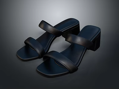 Black Leather Sandals with Double Strap Design and Block Heel for Daily Use 3d model