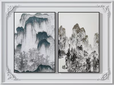 Two Panel Traditional Chinese Landscape Paintings White Carved Frames Wall Decor 3d model