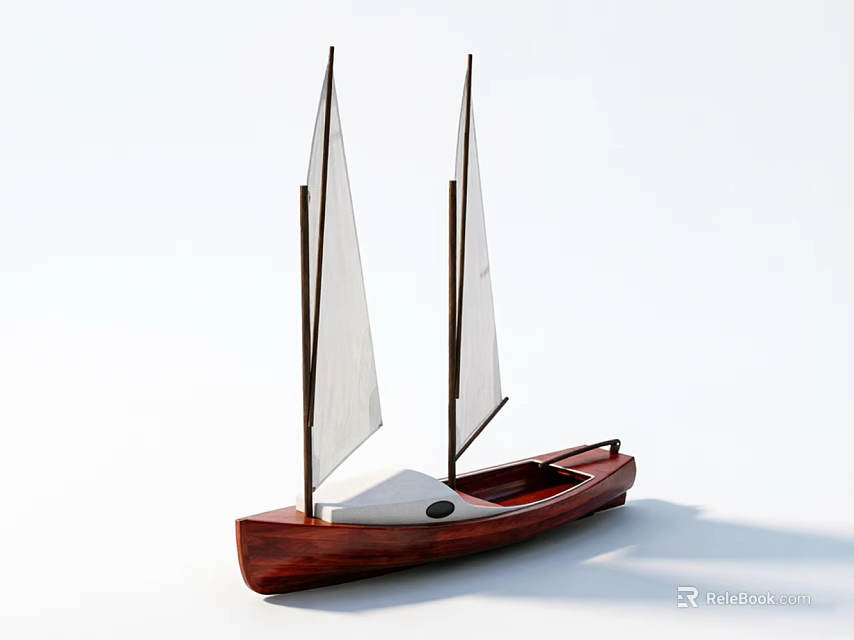 Wooden Sailboat With Two White Sails And Polished Hull On White Background 3d model 