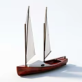 Wooden Sailboat With Two White Sails And Polished Hull On White Background
