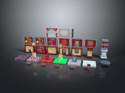 Colorful Building Block Model Structures With Red Green Gray Components And Various Shapes 3d model