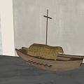 Simple Wooden Boat With Thatched Roof And Cross Mast Wooden Structure