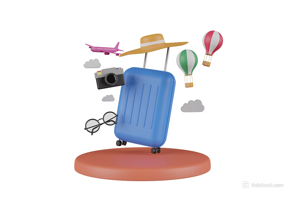 Travel Themed Business Equipment With Blue Suitcase Airplane Hat Camera And Hot Air Balloons 3d model 