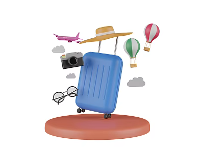 Travel Themed Business Equipment With Blue Suitcase Airplane Hat Camera And Hot Air Balloons 3d model