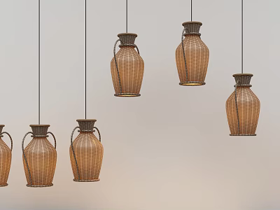Stylish Rattan Vase Shaped Pendant Lights With Handles Hanging In Modern Interior 3d model