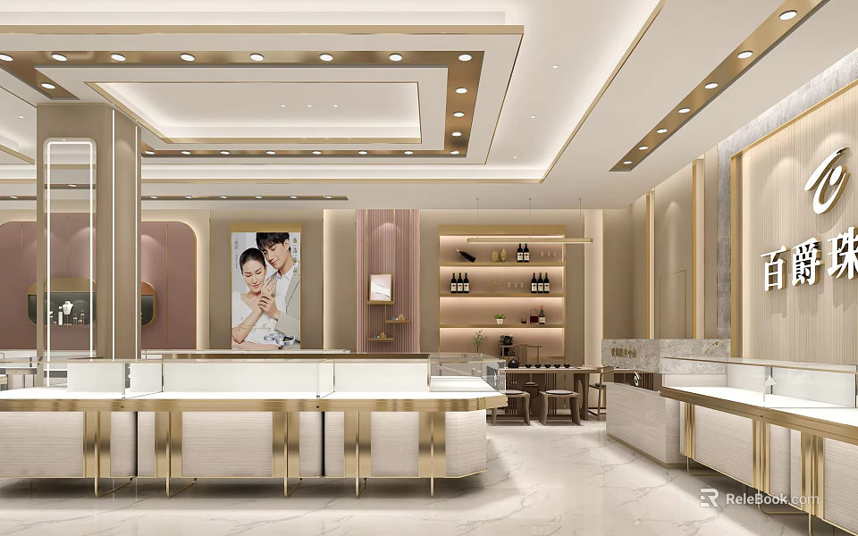 Luxury Jewelry Store Interior with Elegant Display Counters Bright Lighting and Golden Accents 3d model 