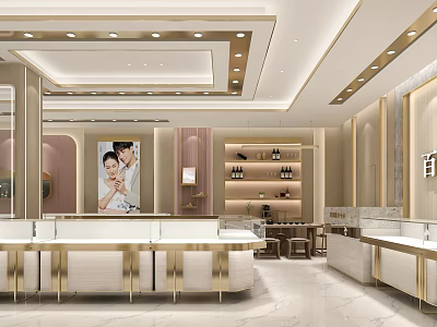 Luxury Jewelry Store Interior with Elegant Display Counters Bright Lighting and Golden Accents 3d model