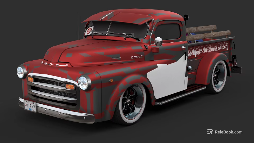 Red Vintage Pickup Truck With Custom Paint Design And Wooden Cargo Bed 3d model 