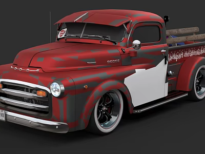 Red Vintage Pickup Truck With Custom Paint Design And Wooden Cargo Bed 3d model