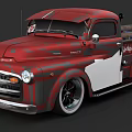 Red Vintage Pickup Truck With Custom Paint Design And Wooden Cargo Bed