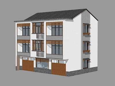Three Story Rural Self Built House With White Exterior Black Roof And Wooden Doors 3d model