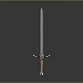 Medieval Sword Weapon with Metal Blade Crossguard and Wooden Hilt on Reflective Surface