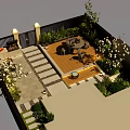Outdoor Garden Landscape Design With Wooden Deck Stone Pathway Dining Set Greenery And White Flowers