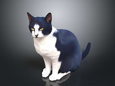 Blue and white cat sitting on dark background with bright yellow eyes 3d model