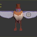 Cartoon Flying Bird Wearing Brown Top Hat with Blue Wings Clock Design and Striped Legs