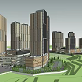 Modern Curved Multi Level Building With Glass Facade Plaza Area And Pedestrians