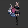 Pink Haired Cat Ears Anime Game Character With Colorful Tail In Black Outfit 3d model