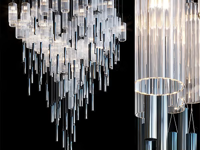 Elegant Modern Transparent Glass Chandelier with Hanging Linear Acrylic Strips and Metal Frame 3d model