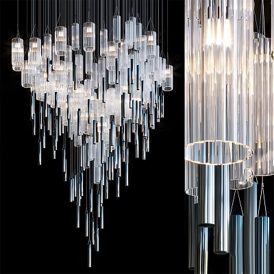 Elegant Modern Transparent Glass Chandelier with Hanging Linear Acrylic Strips and Metal Frame 3d model
